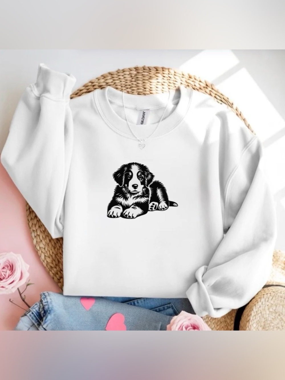 Cute Puppy White Crewneck Sweatshirt Dog Lover Aesthetic Shirt